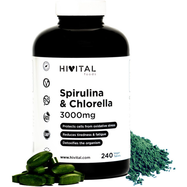 Hivital Spirulina en Chlorella Eco 3000 mg. 240 veganistische tabletten voor bijna 3 maanden.