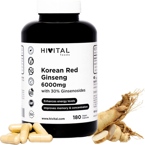 Ginseng rosso coreano Hivital 6000 mg. 180 capsule vegane per 6 mesi.