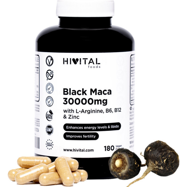Hivital Peruaanse Zwarte Maca 30000 Mg. 180 Veganistische capsules voor 2 maanden.
