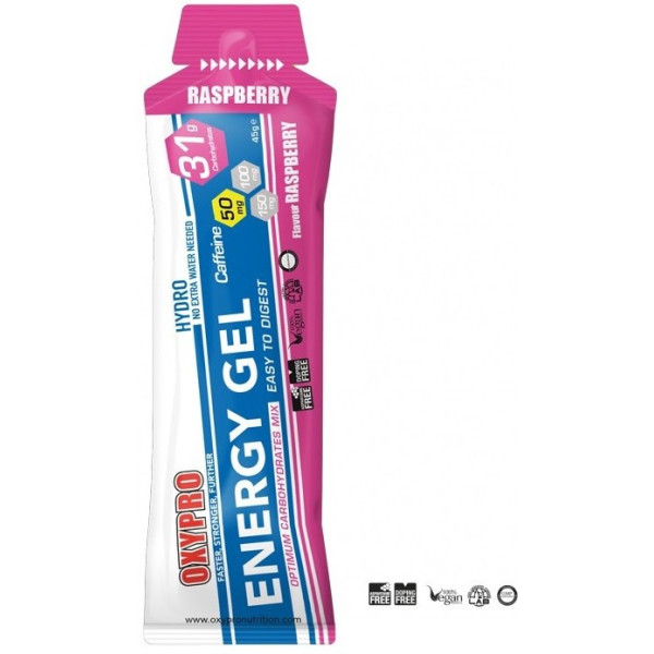 Oxypro Nutrition ENERGY GEL sabor Frambuesa con 50mg Cafeína - formato individual - gel con 31.1g CH - 100% HYDRO