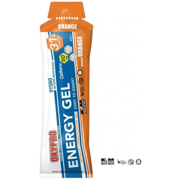 Oxypro Nutrition ENERGY GEL sabor naranja con 50mg Cafeína - formato individual - gel con 31.2g CH - 100% HYDRO