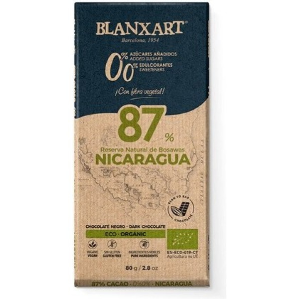 Blanxart Chocolat Noir 87% Nicaragua Sans Sucre Ajouté 80 Gr