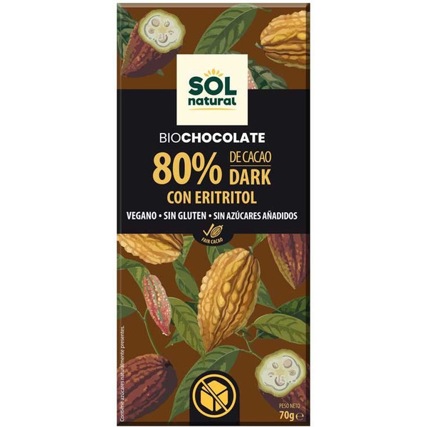 Solnatural Tableta Chocolate 80% Con Eritritol Bio 70 G