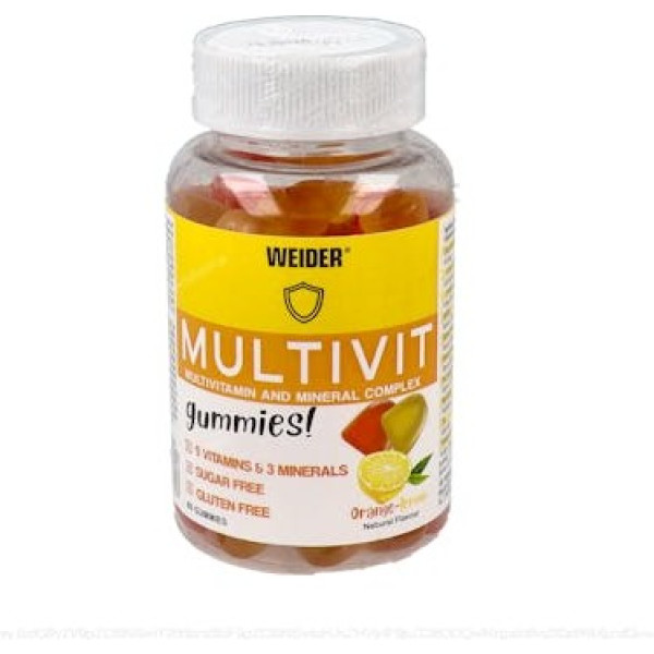 Weider Multivit Up 80 gummies. Sabor naranja y limón. Sin azúcares y sin gluten. Gominolas de vitaminas y minerales 