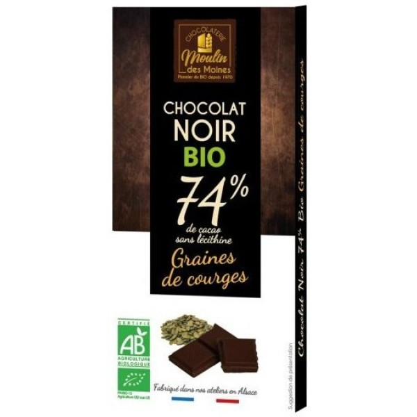 Moulin Des Moines Chocolate Amargo 74% Sementes de Abóbora 100 Gr Bio
