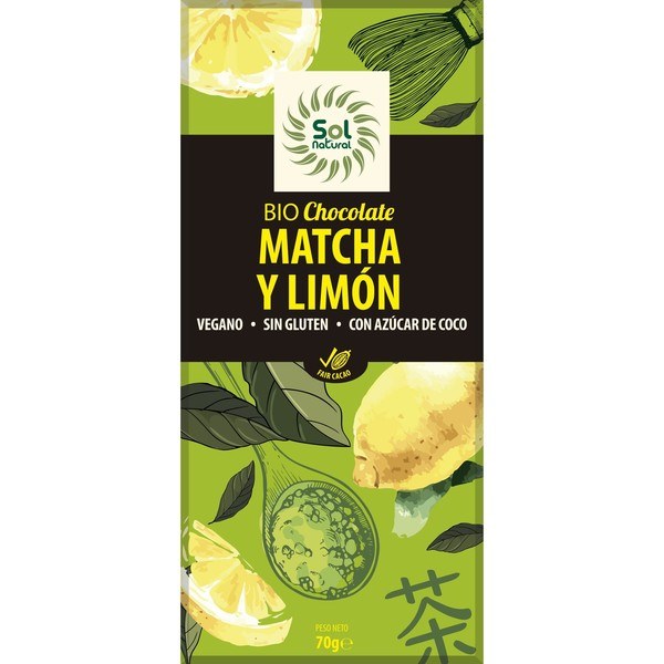 Solnatural Tablette Schoko-Matcha-Tee und Zitrone Bio 70 G