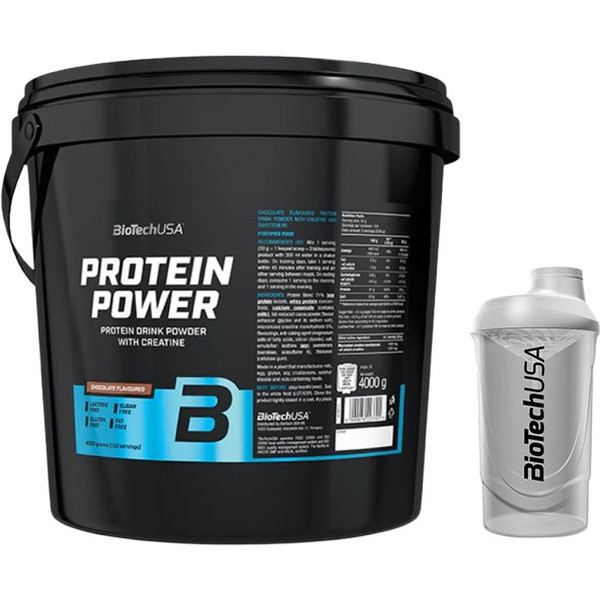 Pack REGALO BioTechUSA Protein Power 4000 gr + Shaker 600 ml Blanco