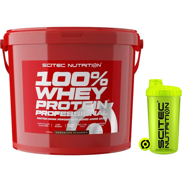 Pack REGALO Scitec Nutrition 100% Whey Protein Professional 5 Kg + Shaker 700 Ml Amarillo Neon