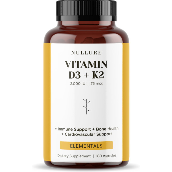 Nullure Vitamina D3 + K2 MK7 - Sistema immunitario. Supporto per cuore e ossa. Facile assorbimento. 180 capsule.
