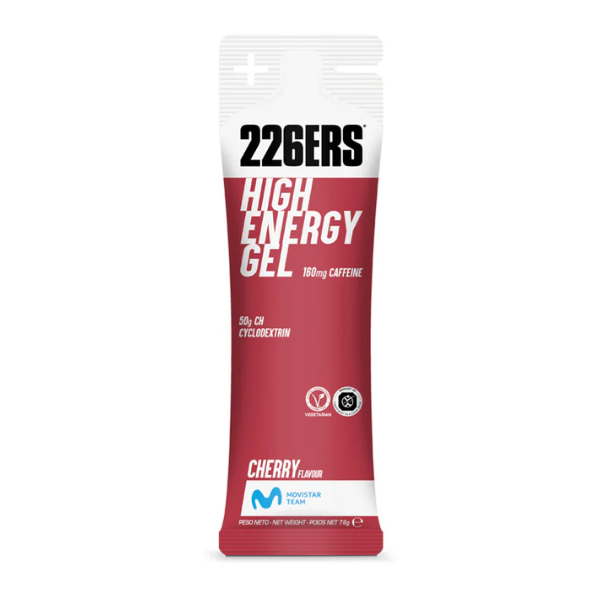 226ERS HIGH ENERGY GEL CAFÉINE - 1 Gel x 60 ml - Gel énergétique Cerise Sans Gluten - Végétalien - Avec Cyclodextrine - 160mg de Caféine et 50g de Glucides