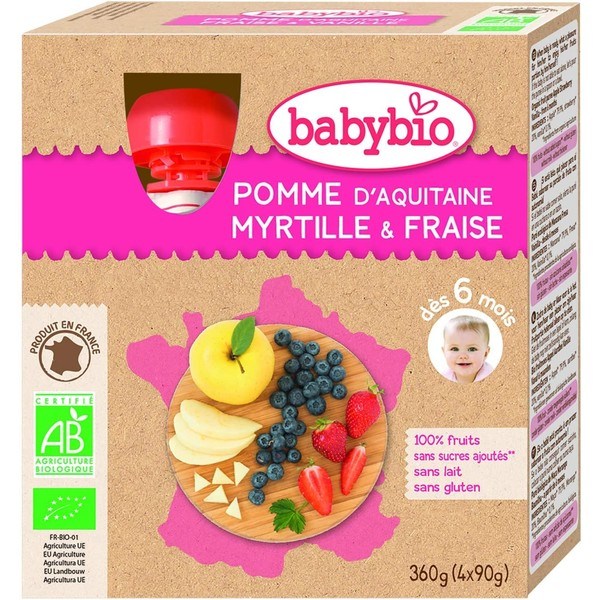 Babybio Sachet Pomme Myrtille Fraise Bio 4 X 90