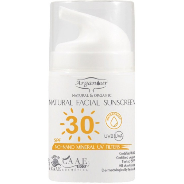 Arganour Protetor solar facial natural e orgânico FPS30 50 ml unissex